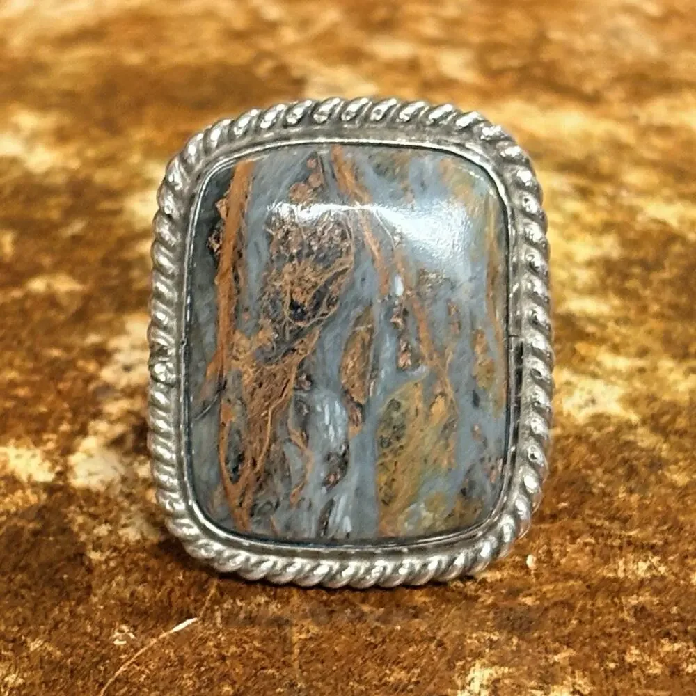Sterling Silver and Pietersite Ring Size 8 w/ Roped Edges Vintage